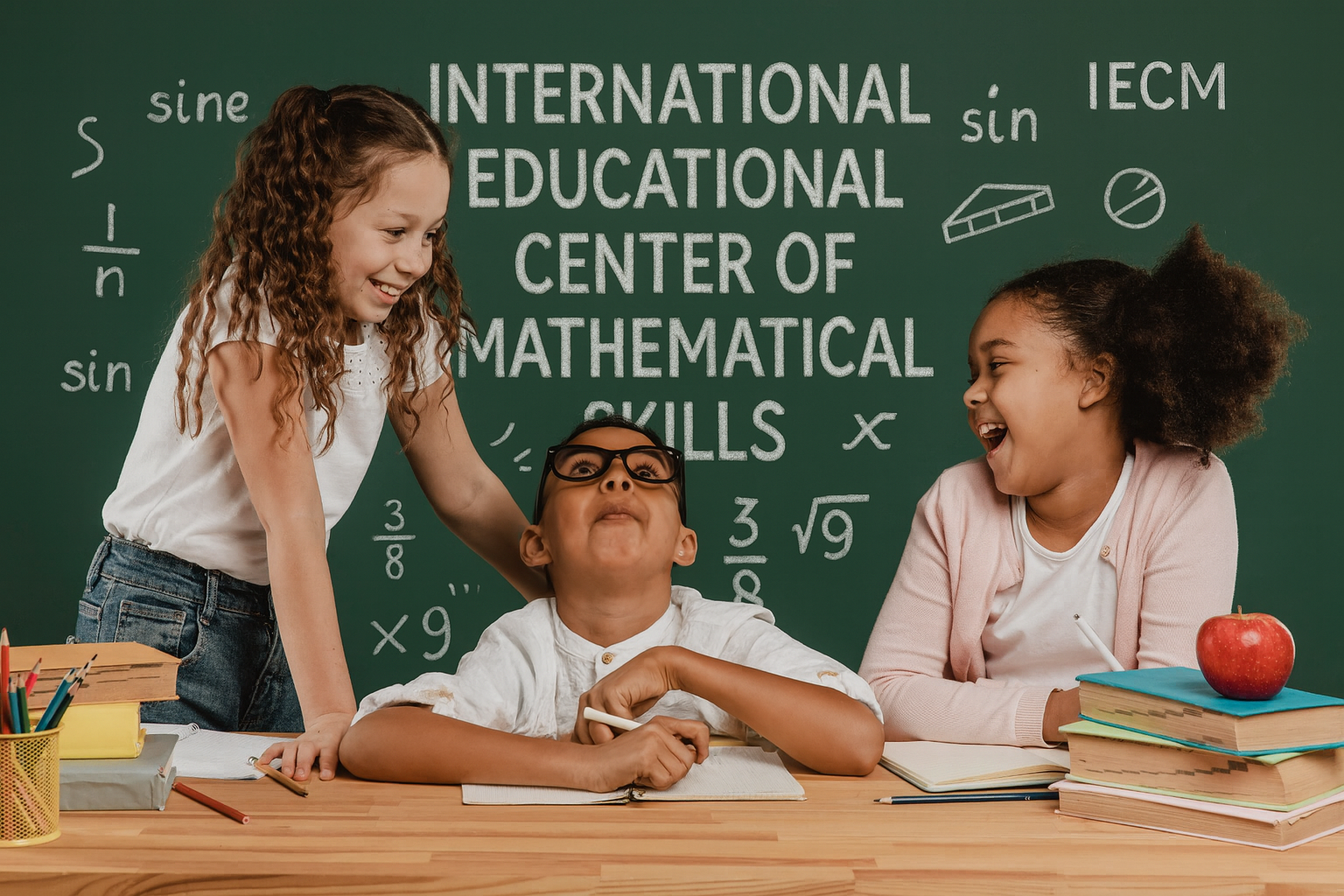 IECM — International Educational Center of Mathematical Skills: crianças estudando matemática em sala com quadro negro ao fundo.